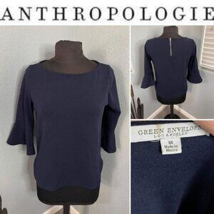 Anthropologie Green Envelope Women's Size M Blue Textured Back Zip Bell Sleeve